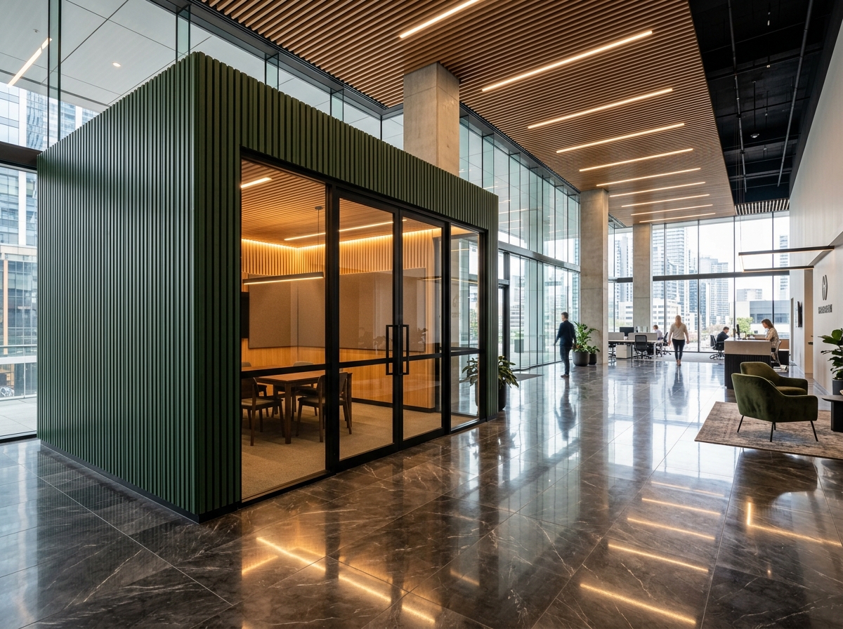 Finished commercial interior with fluted green wall panels and a glass meeting room